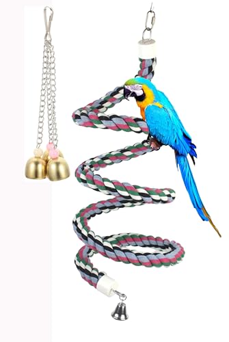 65inch Cotton Bendable Rope(Plus 1 Set 3 Steel Bells) Perch Swing Bird Chew Toys Amazon Parrots Cage Toys with Bell Swing Climbing Standing Bungee Bird Toys for Large to Regular Size Birds - size: 65 inches (1 piece)