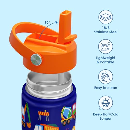 SANDJEST Kids Water Bottle with Straw Lid, Pack of 2 Insulated 12 Oz Stainless Steel Water Bottles for Boys, Travel Cup for School Sports, Construction - Transportation - color: Construction - Transportation (Pack 2)
