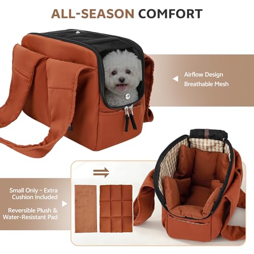 Dog Purse Carrier for Small Dogs and Cats, Soft-Sided Pet Tote Bag with 6 Large Pockets, Collapsible Travel Puppy Carrier with Small Cushion, Fits Pets up to 6 lbs (Caramel, 13.6" L x 6.6" W x 10" H) - color: Caramel, size: 13.6"L x 6.6"W x 10.0"H