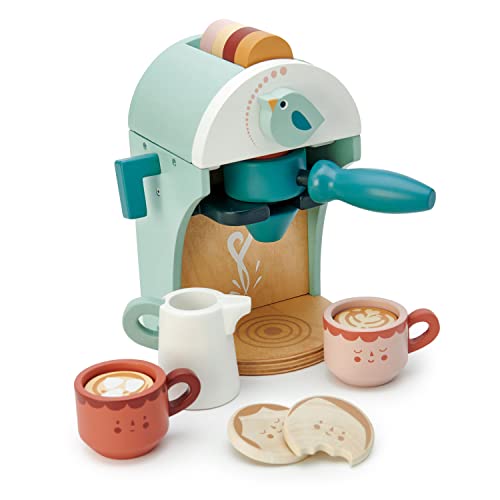 Tender Leaf Toys - Babyccino Maker Wooden Coffee Machine Pretend Food Play Toy with Espresso Capsules and Cups Made Premium Materials Craftsmanship Age 3+
