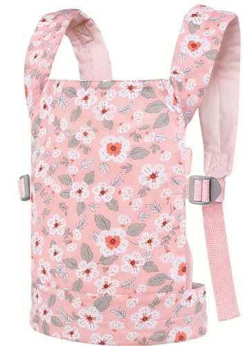 Doll Carrier for Toddler 100% Cotton Pretend Play Doll Carrier with Adjustable Straps 3 Carry Ways Stuffed Animal Baby Dolls Accessories Gift - White Pink Flower - color: White Pink Flower