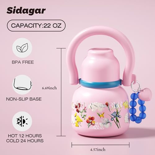 22 oz Leakproof Insulated Water Bottle with Handle Dual Lid Flowers | 316L Stainless Steel | Dual Drinking Options | BPA-Free | Steel | Cold 24H & Hot 12H | Wide Mouth Design | Easy Cleaning - color: Floral pink