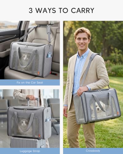 55x40x23 cm Soft-Sided Pet Carrier Bag Large Cat Small Dog Carriers | Up To 26lbs For Medium Cats Dogs Puppies Collapsible Travel Puppy Carrier with Foldable Bowls ,Grey - color: Grey