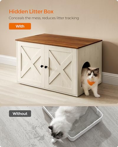 Feandrea Cat Litter Box Enclosure, Litter Box Furniture Hidden with Removable Divider, Indoor Cat House, End Table, 31.5 x 20.9 x 19.7 Inches, Honey Brown and Rustic White UPCL002P01 - color: Honey Brown + Rustic White, size: L (31.5"L x 20.9"W x 19.7"H)