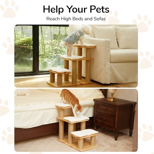 FUKUMARU Dog Stairs, Solid Wood Pet Stairs with Cat Scratching Post | Transformable Cat Step Hold Up to 200 lbs, 20" Pet Ramp for Dogs and Cats to Climb High Bed and Couch, Over 6 Combinations - color: White