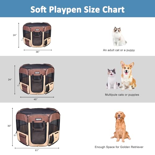 Jespet Soft Dog Playpen, Portable Pet Exercise Pen Kennel with Carry Bag | 2-Door, Easy to Fold, Ground Stakes, Zipper Locks, Large Storage Pocket, Washable Top Mesh Cover & Bottom Cover - color: Brown, style: 36x36x24 Inch (Pack of 1)