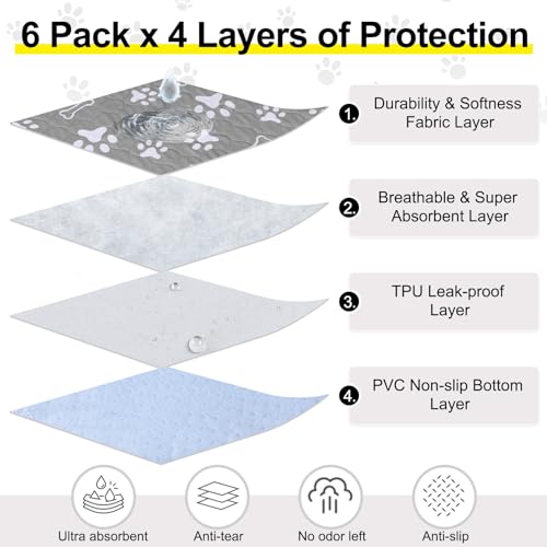 BEAUTYZOO 6 Pack Washable Pee Pads for Dogs, Reusable Puppy Pads for Potty Training, Waterproof Super Absorbent Whelping Pads Mats Non Slip Against Urine for Small Medium Dogs Cats, 16" x 24" - color: Gray, size: 16 X 24 Inch (Pack of 6)