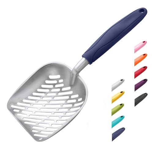 Cat Litter Scoop, Aluminum Alloy Sifter, Kitty Metal Scooper, Deep Shovel with Diagonal Sifting Hole, Long Handle, Kitten Poop Lifter for Litter Box, Medium Size, Blue Handle - color: #01 Blue, size: Medium