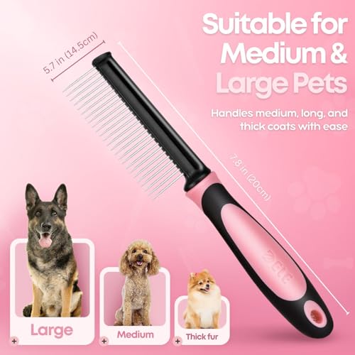 Flexzion Metal Pet Comb for Cats & Dogs - Sturdy Stainless Steel Rounded Teeth with Non-Slip Soft Grip Handle Easy to Use Grooming Detangling Cat Combs for Indoor Cats, Pink - color: Chrome,Pink