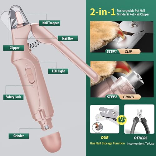 2 in 1 Dog Nail Clippers & Cat Nail Clippers Trimmers for Large Medium Small Dogs Cats Claw Trimmer Quick Sensor and Safety Guard USB Rechargeable Dogs Nail Trimmer with Catcher & 2 LED Lights - color: Pink