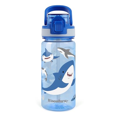 Kids Water Bottle for School, 16 Oz Plastic Water Bottle, 1 Pack | Silicone Spout, Pop-Up Cover, BPA Free & Dishwasher Safe, Shark - color: Shark, size: 16.2 Ounces