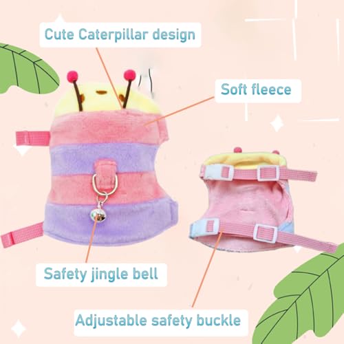 Adjustable Caterpillar Premium Plush Harness&Leaf Set – Soft Restriction-Free Vest for Ferrets,Guinea Pigs, Lizards, Rabbits,Squirrel, Kittens,Teacup Chihuahuas, Puppies|Safety Bell(Caterpillar-Pink) - color: Caterpillar-Pink