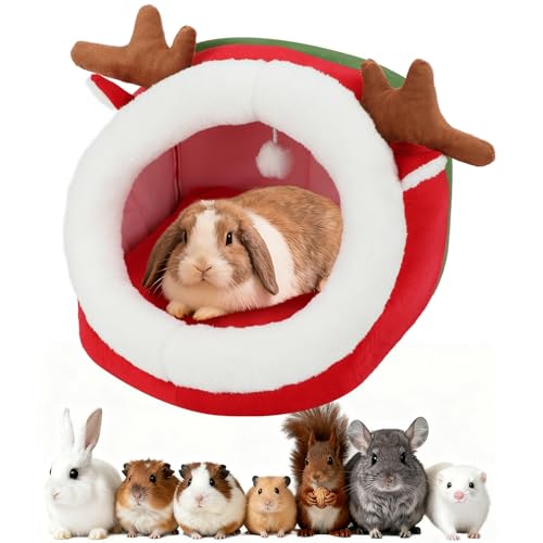 BWOGUE Christmas Guinea Pig Hideout, Washable Rabbit Cave, Winter Bunny Bed | Guinea Pig Christmas Cage Accessories, 13.8 in Large Rabbit Hideout, Machine-Washable Pad, Plush Fabric, Non-Slip Base - size: Large