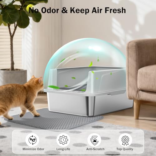 Stainless Steel Cat Litter Box with Lid, High-Sided Metal Litter Pan for Small Cats, Kitty Litter Box, Non-Stick & Odor-Resistant, Anti-Urine Leakage, Easy to Clean, Scoop Included - color: Silver Grey, size: S