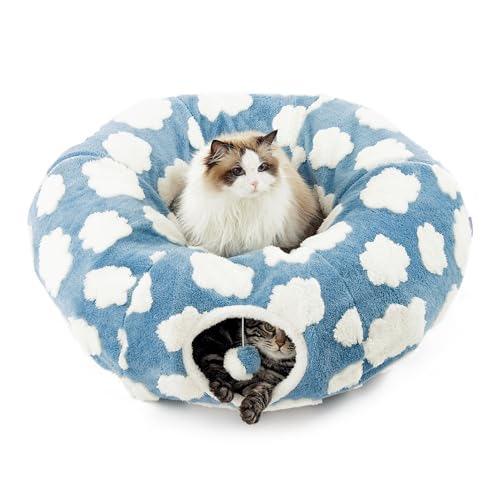 Lesure Donut Cute Jacquard Cat Tunnel Bed Kitten Toys for Puppy Bunny | 33.5x33.5x10in,Round Cat Bed Tube for Indoor Cats Rabbit Dog,Pet Peekaboo Cave Toy,Spiral Hideaway,Washable Cushion,Blue - color: Cozy Clouds Blue, size: Standard (33.5"L x 33.5"W x 1