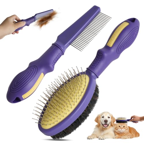 2PCS Pet Grooming and Deshedding Brush Tools | 2-In-1 Double-Sided Dogs Cats Brush for Shedding and Bathing, Pet Shedding Comb for Removes Loose Long and Short Haired - color: Purple