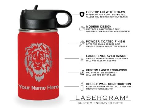 LaserGram Personalized 12oz Water Bottle, Snail (Red) | Engraved Gift, Vacuum Insulated Stainless Steel, Flip-Top Straw Lid, Laser Engraved With Your Name - color: Red, size: 12 Ounces