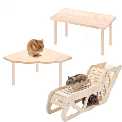 3-Piece Wooden Hamster Platform Set, Versatile Hideout & Exploration Tunnel with Ladder, Cage Decor for Syrian Dwarf Hamsters, Gerbils, Mice