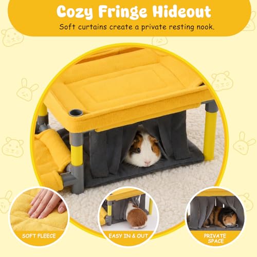 Guinea Pig Bunk Bed 27.5 x 9.8 x 7.5 in, 2-tier Small Animal Hideout with Washable Pads & Soft Curtains, Space-saving Cozy Corner Bed for Guinea Pigs, Chinchillas, Ferrets, Dwarf Rabbits (Large)