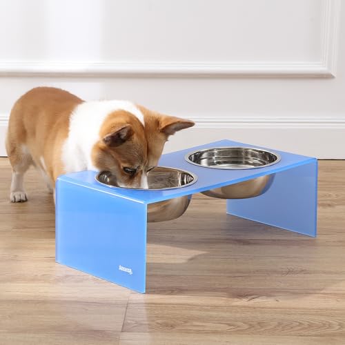 DBL2001C Keaton 7.5" Medium/Large Modern Acrylic Rectangular Elevated Pet Feeder with 54oz 2-Stainless Steel Bowls, Blue/Chrome - color: Blue/Chrome, size: 54 Ounces (7.5" Cups 2-Pack)