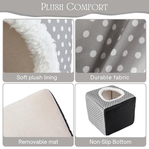 Guinea Pig Hideout, Dwarf Rabbit Bed with Play Tunnel, Washable Fleece House for Dwarf Bunnies, Chinchillas, Hedgehogs, Small Animal Cage Accessories Gray Dot - color: Grey