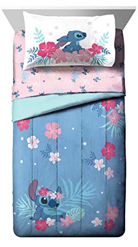 Jay Franco Disney Lilo & Stitch Queen Comforter Set, 7 Piece Bed in a Bag - Reversible with Shams & Sheets - Super Soft Microfiber Kids Bedding, All Season Machine Washable (Official Disney Product) - color: Blue - Lilo & Stitch, size: Queen