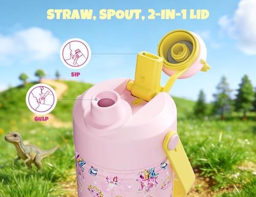 POWCAN 12 oz Kids Water Bottle: 2-in-1 Straw Spout Lid with Soft Animal Head, Leakproof, Backpack Friendly, Keep Cold 24H, Cute Patterns, Insulated Cup for School, Playtime, Trip, Gift (Lovely Trike) - color: Lovely Trike, size: 12 Ounces