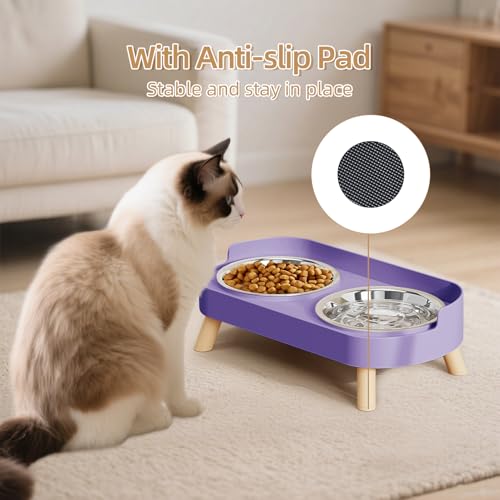Elevated Cat Bowl, Raised Cat Food and Water Bowl Set for Indoor Cats, Splash Proof with 2 Stainless Steel Pet Food Bowls for Cats and Puppies, Whisker Fatigue and Dishwasher Safe - Purple - color: Cat Bowls-Purple