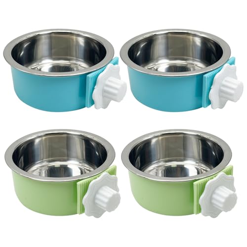 Tfwadmx 4 Pcs Crate Dog Bowl Cat Removable Stainless Steel Food and Water Feeder Hanging Cage Bowls Coop Cup with Cleaning Set for Pet Puppy Bird Rat Guinea Pig Ferret Bunny Rabbit (Light Blue&Green) - color: Light blue, light green (4 PCS)