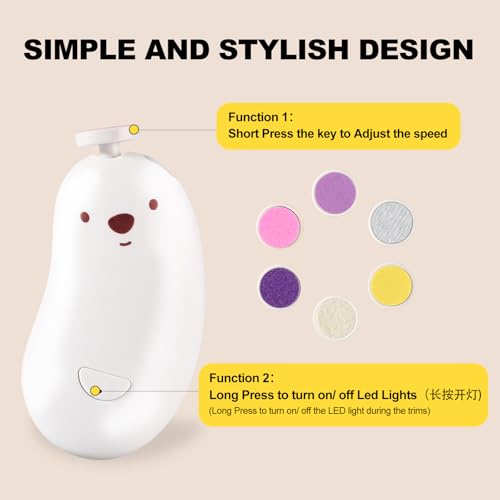 Baby Nail File Electric, Gentle Rechargeable Nail Trimmer, Baby Nail Clippers Grooming Kit Manicure Set for Infant Toddler or Adults, 6 Grinding Head Replacement Pads White - color: White