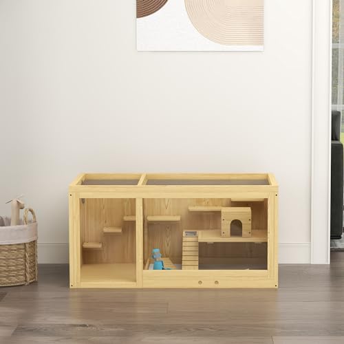 PawHut Wooden Hamster Cage, Extra Large Gerbil Cage, Multi-Layer Small Animal Cage for Dwarf Hamster, Activity Center with Pull-Out Tray, Seesaws, Water Bottle, Ladder, Openable Top | Gerbil Habitat, Multi-Layer Small Animal Cage, Activity Center, Seesaws