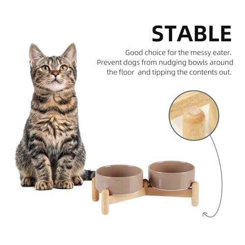 Havniva Elevated Dog Bowls Ceramic Dog Bowls with Stand, Dog Food Bowl | 5.1” Raised Dog Bowls with Non-Slip Wood Stand, Dog Food and Water Bowl Set, Double Dog Feeding Bowls for Small Dogs - color: 2 Bowls+Stand - Brown Coffee, size: 5.1inch