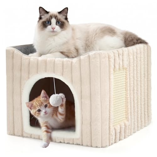 Avont 3-in-1 Cat Cave Bed for Indoor Cats with Scratch Pad | Scratch Pad & Hanging Ball, Large Hideaway for up to 20 LBS, Washable Cushion, Foldable Design, Available in Grey & Cream - color: Cream