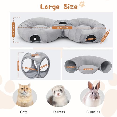 Pawaboo 2-in-1 Cat Tunnel Bed, 8-Shaped Cat Tunnels, Grey | Foldable Cats Cave Hideout Kitty Toys with Fluffy Balls, Donut Tunnel for Kitten Rabbit Ferret - color: Gray, size: 68.9 x 31.5 x 11.8in