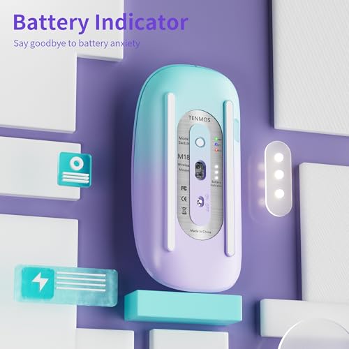 TENMOS M18 Bluetooth Mouse,USB C Rechargeable Wireless Mouse, Green&Purple | Tri-Mode BT5.1/5.0+2.4G, Silent, Portable, Battery Level Visible, USB Receiver,Type C Adapter, for Laptop/Macbook/iPad/PC - color: green and purple