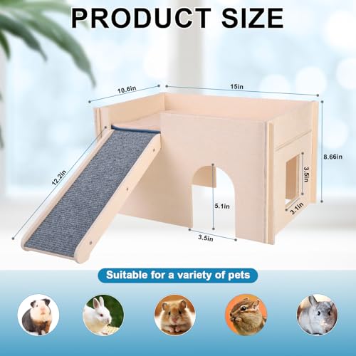 PAWCHIE Wooden Guinea Pig Hideout with Pee Pad Set, Detachable Small Animal House Bed Hut Habitats with Stairs and Windows, Bunny Hideout Castle for Indoor Hamsters Chinchilla Gerbil Playing Hiding - color: Rectangular Hut with Pee Pad and Stairs