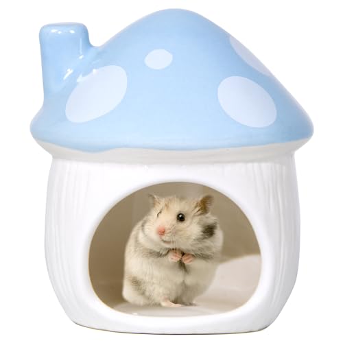 Ceramic Mushroom Hamster Hideout - Hamster Habitat for Hamsters Chinchillas Hedgehogs and Gerbils Mouse Small Pet Guinea Pigs House Hamster Bed (Blue) - color: Blue