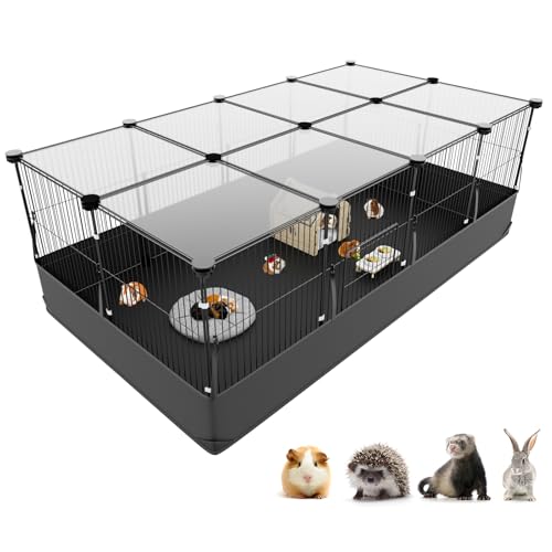 Tresbro Guinea Pig Cage with Top Cover & 12 Panels, Triple Fixing Measures Small Animal Playpen with Waterproof PVC Liner & One-Motion Hooks, 48 x 24 x 16 C&C Grids Cage for Bunny, Hedgehog, Hamster - size: 12 Panels-with roof