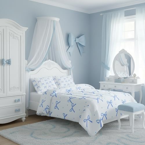 QOOMO 3Pcs Bow Comforter Set Twin,Bowknot Bedding Set for Kids | 3Pcs Bedding Set Printed Comforter with 2 Pillowcases,Soft Microfiber,Lightweight and Comfortable,for All seasons - color: Bow 12, size: Twin