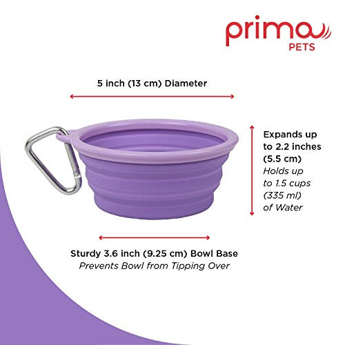 Prima Pet Collapsible Silicone Food and Water Travel Bowl with Clip for Dog and Cat, Small (1.5 Cups) - color: PURPLE, size: SMALL (1.5 CUPS)