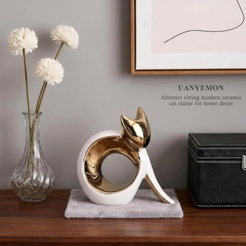 Abstract Sitting Modern Cat Sculpture for Home Decor, 5.9'' White and Gold Ceramic Minimalist Cat Figurine, Decorative Animal Statue for Table Shelf Desk Mantle Entryway, for Cats Lovers - color: Gold