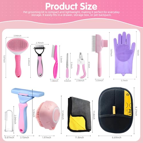 Aglads 12PCS Cat Rabbit Bunny Dog Grooming Kit,Self-Cleaning Slicker Brush&Deshedding Tool,Dematting Comb,Nail Clipper&File,Electrostatic Hair Removal Gloves,Complete Pet Grooming Supplies(12, pink) - color: Pink