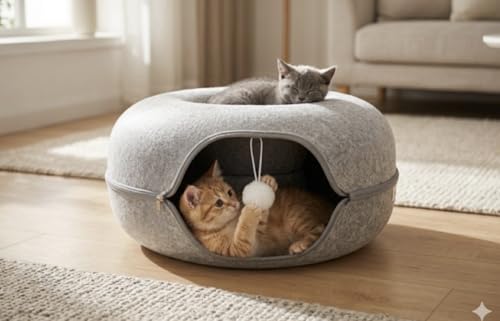 Cat Tunnel Bed - Comfort Bedz Large Donut Cave for Cats, Felt Enclosed Hideaway with Zipper, Top Perch, Interactive Toy, Washable Indoor Cat House