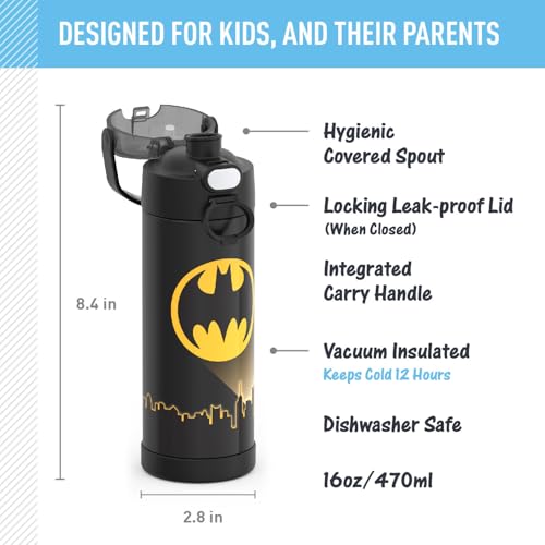 THERMOS FUNTAINER Water Bottle with Spout, 16oz, Batman | Kids Stainless Steel Insulated Water Bottle, Keeps Drinks Cold Longer for School & Play, BPA-Free - color: Batman, size: 16 Ounces