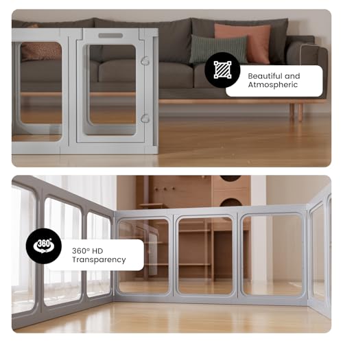 Clear Acrylic Dog Playpen - 33.4 x 33.4 Inch, 24" H 8 Planes Transparent Dog Fence Indoor, Sturdy Pet Pen for Puppy/Small Dog/Rabbit/Pig, Easy Assemble & Cleaning Plastic Whelping Box Enclosure, Grey - color: Grey