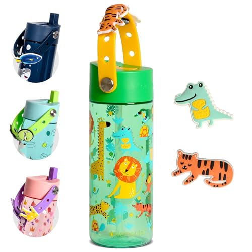 Elemental Water Bottles for Kids - Splash Kids Water Bottle for School with Fun Charm Handle - BPA Free Tritan Plastic Bottle with Straw Leak Proof When Spout is Closed - 18oz - Jungle Friend - color: Jungle Friend
