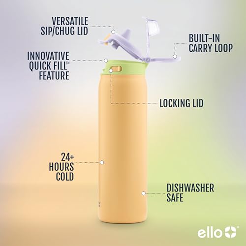 Ello Pop & Fill Insulated Stainless Steel Water Bottle with Quick Fill Lid, Leakproof Locking, Sip or Chug Spout, BPA-Free, Double Wall Vacuum Insulated for Sports, Travel & School- 22oz / 32oz / 40oz - color: Sunset Meadow, style: 22oz