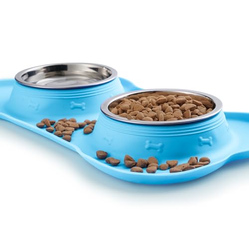 Hubulk Pet Dog Bowls 2 Stainless Steel Dog Bowl with No Spill Non-Skid Silicone Mat + Pet Food Scoop Water and Food Feeder Bowls for Feeding Small Medium Large Dogs Cats Puppies (Small, Turquoise) - color: Turquoise, size: Small