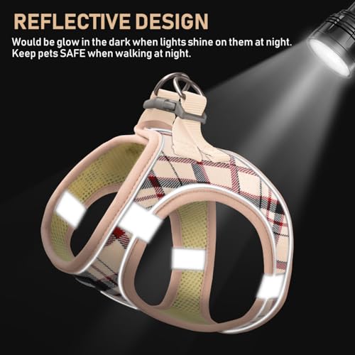 GAMUDA Small Dog Harness Collar and Leash Set, Step in No Chock No Pull Soft Mesh Adjustable Dog Vest Harnesses Plaid Reflective for Dogs Puppy Cats Kitten Rabbit (Beige, S) - color: Beige Red, size: S