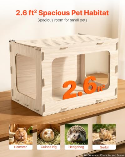 VEVOR Wooden Hamster Cage 23.8"x15.9"x15.9" 270° Viewing Hamster Habitat, Chewproof Small Animal Cage with Openable Top, Large Pet House Wood Enclosure for Syrian/Dwarf Hamsters, Guinea Pigs, Gerbils - size: 23.8"L x 15.9"W x 15.9"H
